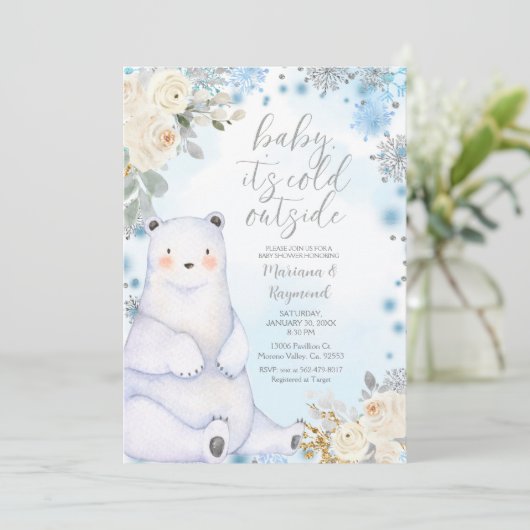 Winter Beer Artikelen Dier Wit Bloem Baby shower Kaart (Staand voorkant)