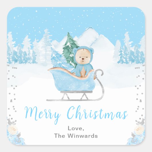 Winter Beer Blue Slaaigh Merry Kerstry Vierkante Sticker (Voorkant)