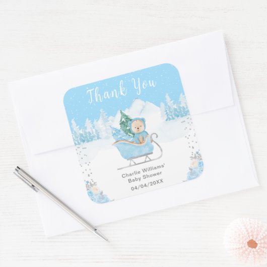 Winter Beer Blue Sleigh Baby shower Dank u Vierkante Sticker (Envelop)