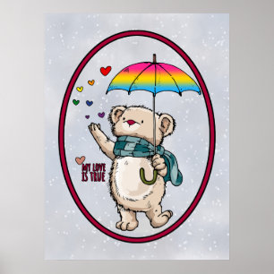 Winter Beer met paraplu in pansexuele vlagkleuren Poster