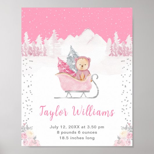 Winter Beer Roze Slede Geboorte Statistieken Poster (Voorkant)