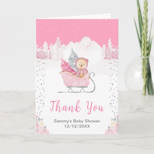 Winter Beer Roze slee Baby Shower Bedankt (Voorkant)