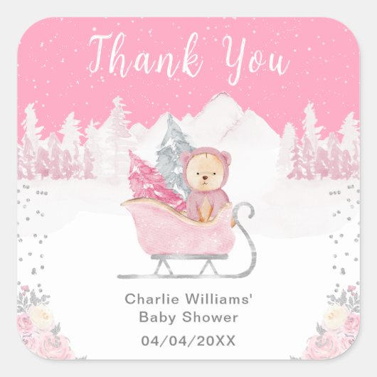 Winter Beer Roze Sleigh Baby shower Dank u Vierkante Sticker (Voorkant)