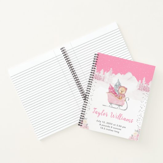 Winter Beer Roze Sleigh Geboorte Statistieken Notitieboek (Binnen)