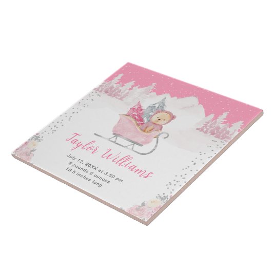 Winter Beer Roze Sleigh Geboorte Statistieken Tegeltje (Zijkant)