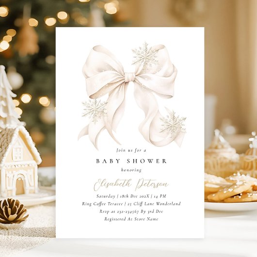 Winter Beige Bow Baby shower Uitnodiging