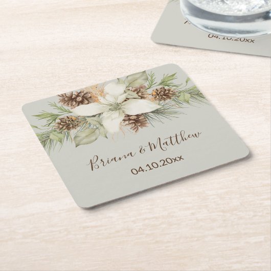 Winter Beige Elegant Script Bruiloft Kartonnen Onderzetters (Schuin)