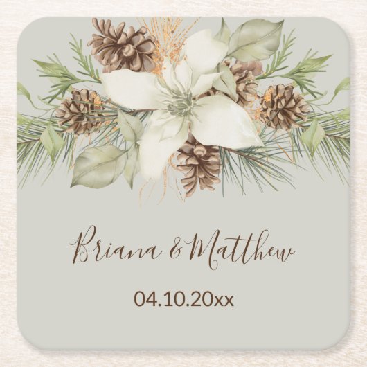 Winter Beige Elegant Script Bruiloft Kartonnen Onderzetters (Voorkant)