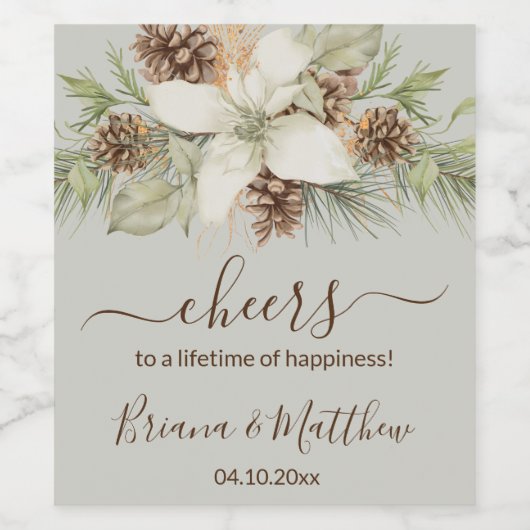 Winter Beige Elegant Script Bruiloft Wijn Etiket (Enkel label)