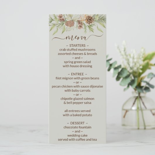 Winter Beige Elegant Script Trouwmenu Menu (Staand voorkant)