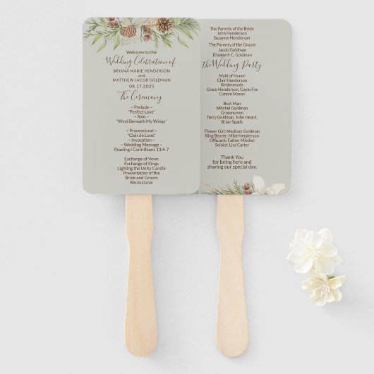 Winter Beige Elegant Script Trouwprogramma Handwaaier (Voorkant en achterkant)