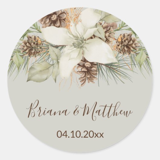 Winter Beige Elegant Script Wedding Envelope Seal Ronde Sticker (Voorkant)