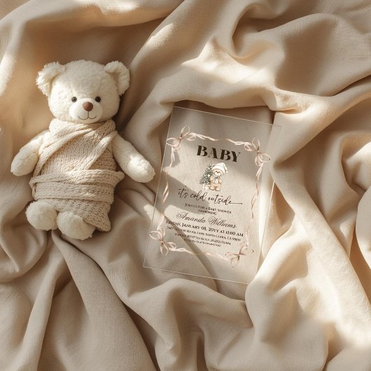 Winter Beige Teddy Bear Christmas Baby Shower Acryl Uitnodigingen