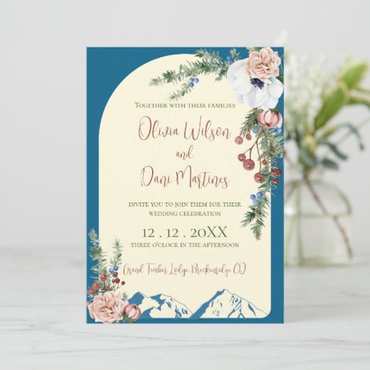 Winter Berg Bloemen Bruiloft Uitnodiging (Staand voorkant)