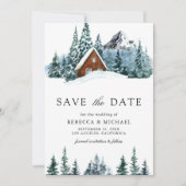 Winter berg bos hut lodge foto bruiloft save the date (Voorkant)