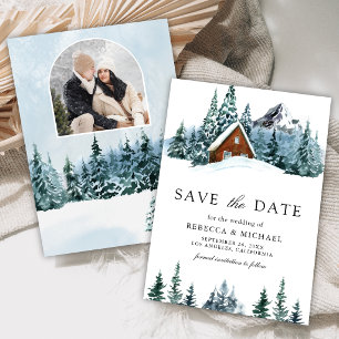 Winter berg bos hut lodge foto bruiloft save the date