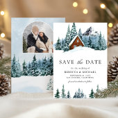 Winter berg bos hut lodge foto bruiloft save the date