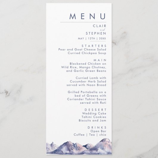 Winter Berg Bruiloft Diner Menu (Voorkant)