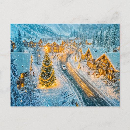 Winter bergdorp met kerstversiering feestdagenkaart (Voorkant)