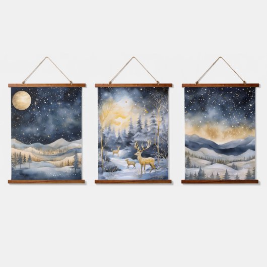 Winter Bergen Herten Sterren Marine Landschappen Hangend Wandkleed (Driedubbel)