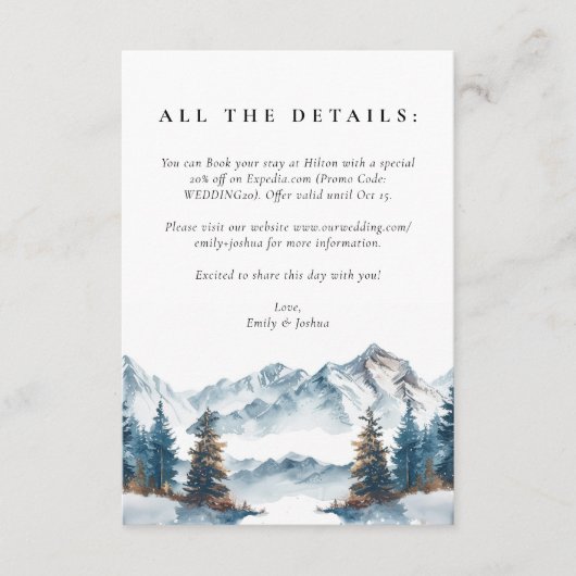 Winter Bergen Pijnboom Bruiloft Informatiekaartje (Voorkant)