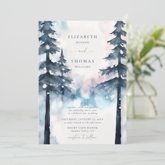 Winter Bergen Sneeuwden Pijnbomen Elegante bruilof Kaart (Staand voorkant)