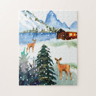 Winter berghut met hertenpuzzel legpuzzel