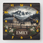 Winter berglandschap met paarden en schuur vierkante klok (Voorkant)