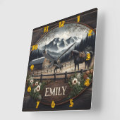 Winter berglandschap met paarden en schuur vierkante klok (Hoek)