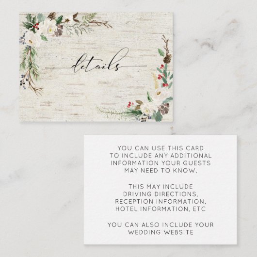 Winter Berk Calligrafie Botanische Trouwdetails Informatiekaartje (Voorkant / Achterkant)