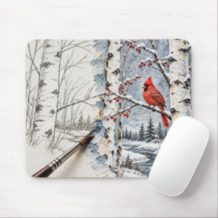 Winter Berk en Rode Kardinaal Impasto Schilderij Muismat
