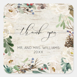 Winter Berk Kalligrafie Bloemen Bruiloft Dank u Vierkante Sticker