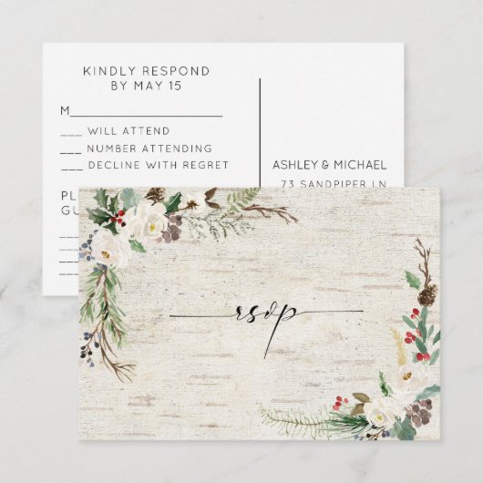 Winter Berken Kalligrafie Botanicals Bruiloft RSVP Kaart (Voorkant / Achterkant)