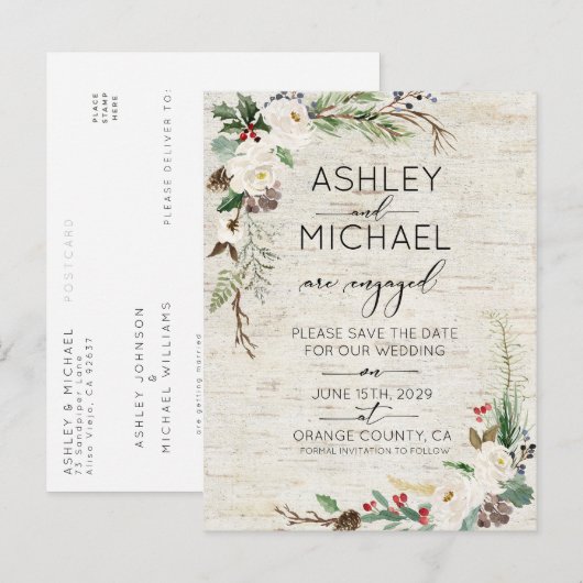 Winter Berken Kalligrafie Bruiloft Save the Date Aankondigingskaart (Voorkant / Achterkant)