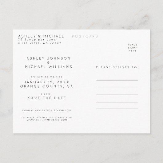 Winter Berken Kalligrafie Bruiloft Save the Date Aankondigingskaart (Achterkant)