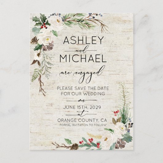 Winter Berken Kalligrafie Bruiloft Save the Date Aankondigingskaart (Voorkant)