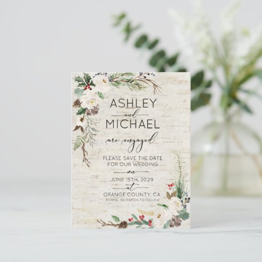 Winter Berken Kalligrafie Bruiloft Save the Date Aankondigingskaart (Staand voorkant)