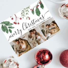 Winter Berries Elegant Script 3Photo Christmas Feestdagenkaart