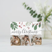 Winter Berries Elegant Script 3Photo Christmas Feestdagenkaart (Staand voorkant)