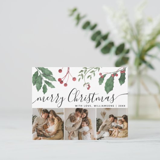 Winter Berries Elegant Script 3Photo Christmas Feestdagenkaart (Staand voorkant)