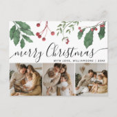 Winter Berries Elegant Script 3Photo Christmas Feestdagenkaart (Voorkant)