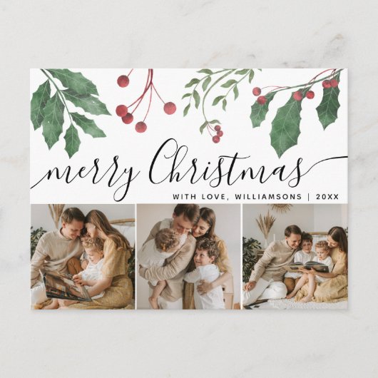 Winter Berries Elegant Script 3Photo Christmas Feestdagenkaart (Voorkant)