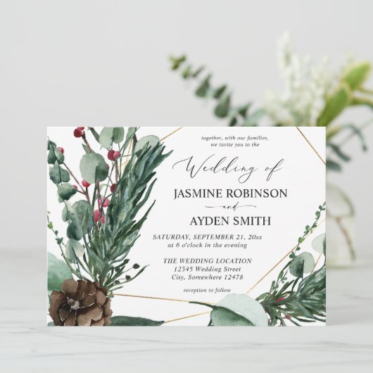 Winter Berries en Pine Greenery Wedding 2 Kaart (Staand voorkant)