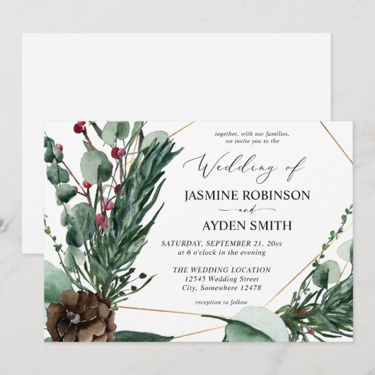 Winter Berries en Pine Greenery Wedding 2 Kaart (Voorkant / Achterkant)