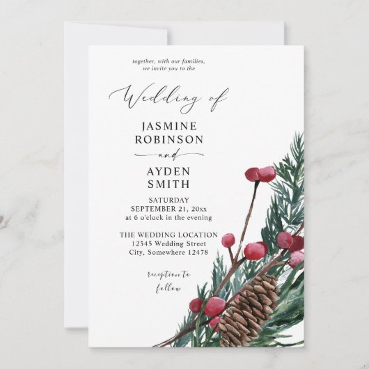 Winter Berries en Pine Greenery Wedding Kaart (Voorkant)