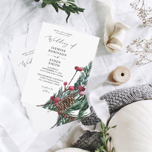 Winter Berries en Pine Greenery Wedding Kaart
