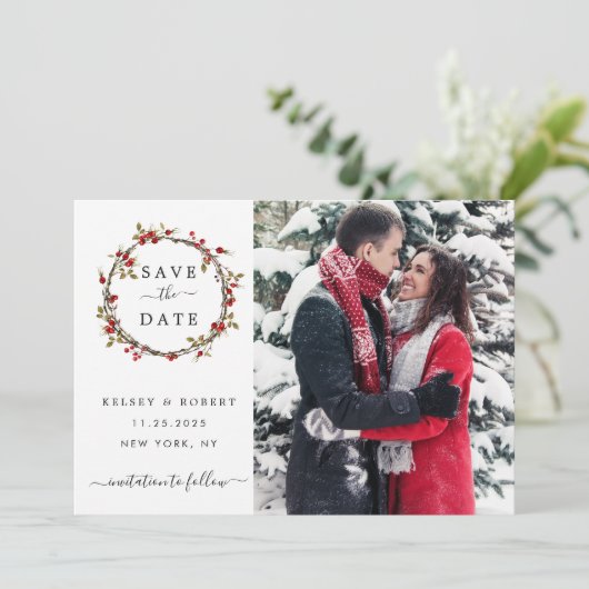 Winter Berries Fotobruiloft Bewaar de datum Save The Date (Staand voorkant)