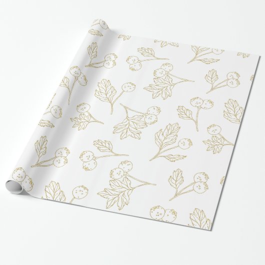Winter Berries Gold White Kerstmis Cadeaupapier (Uitgerold)