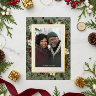 Winter Berries Green Love Peace Joy Foto Folie Feestdagenkaart