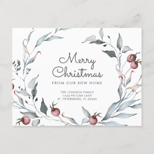 Winter Berries Greenery Holiday Wreatnew Address Aankondigingskaart